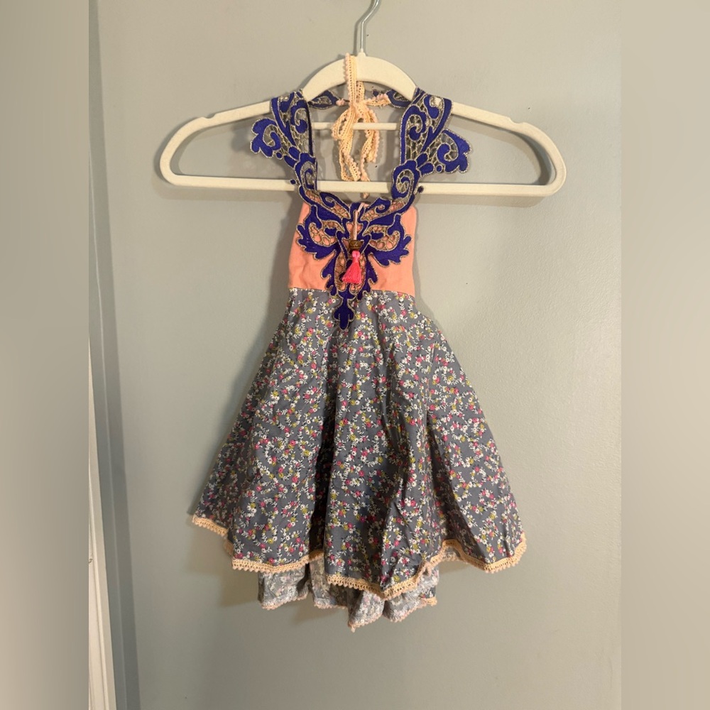 Blu Monet Girls Boho Halter Dress Floral Embroidered Neck Tassel Boutique 2